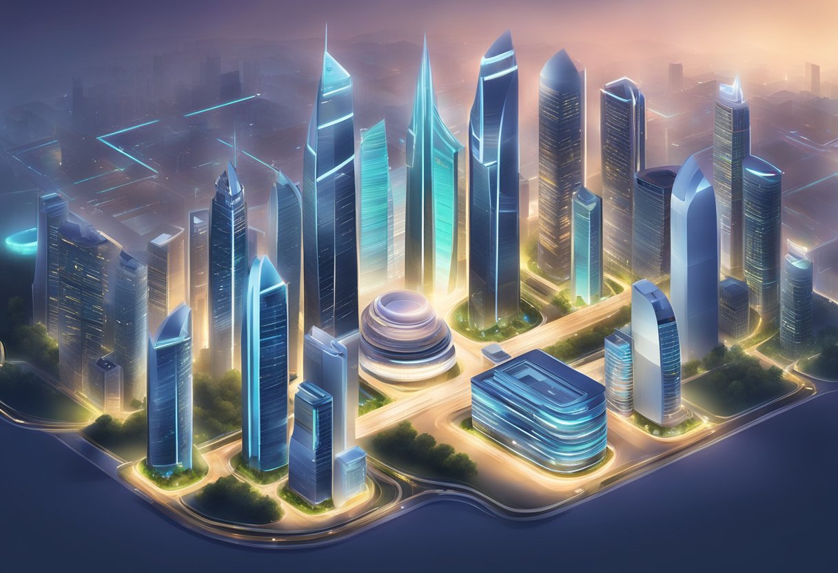 Cityscape of futuristic buildings in Infotech Singapore, with sleek architecture and glowing lights