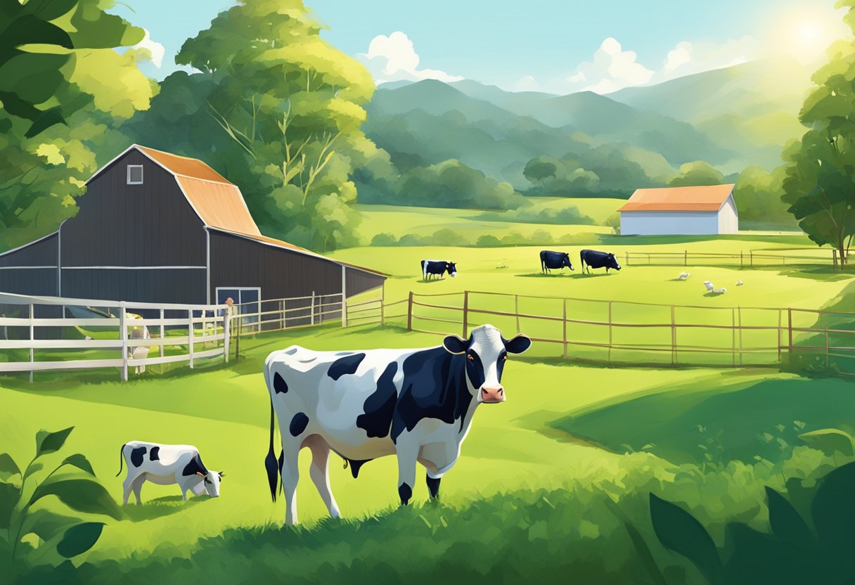 A sunny day on a Singaporean dairy farm, with cows grazing in lush green fields and a modern barn in the background