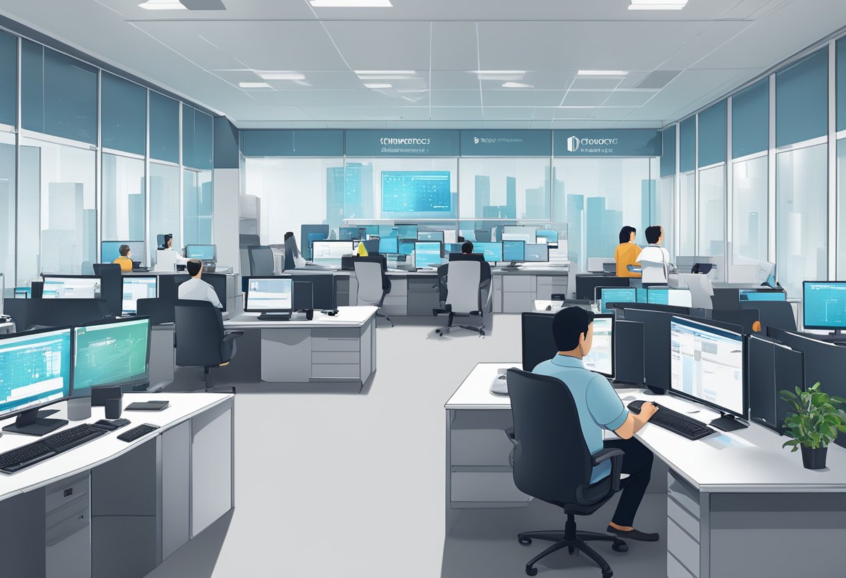 A high-tech office with computer screens, security cameras, and employees wearing ID badges. The room is brightly lit and organized, with a prominent Compliance and Security Infotech Singapore logo displayed
