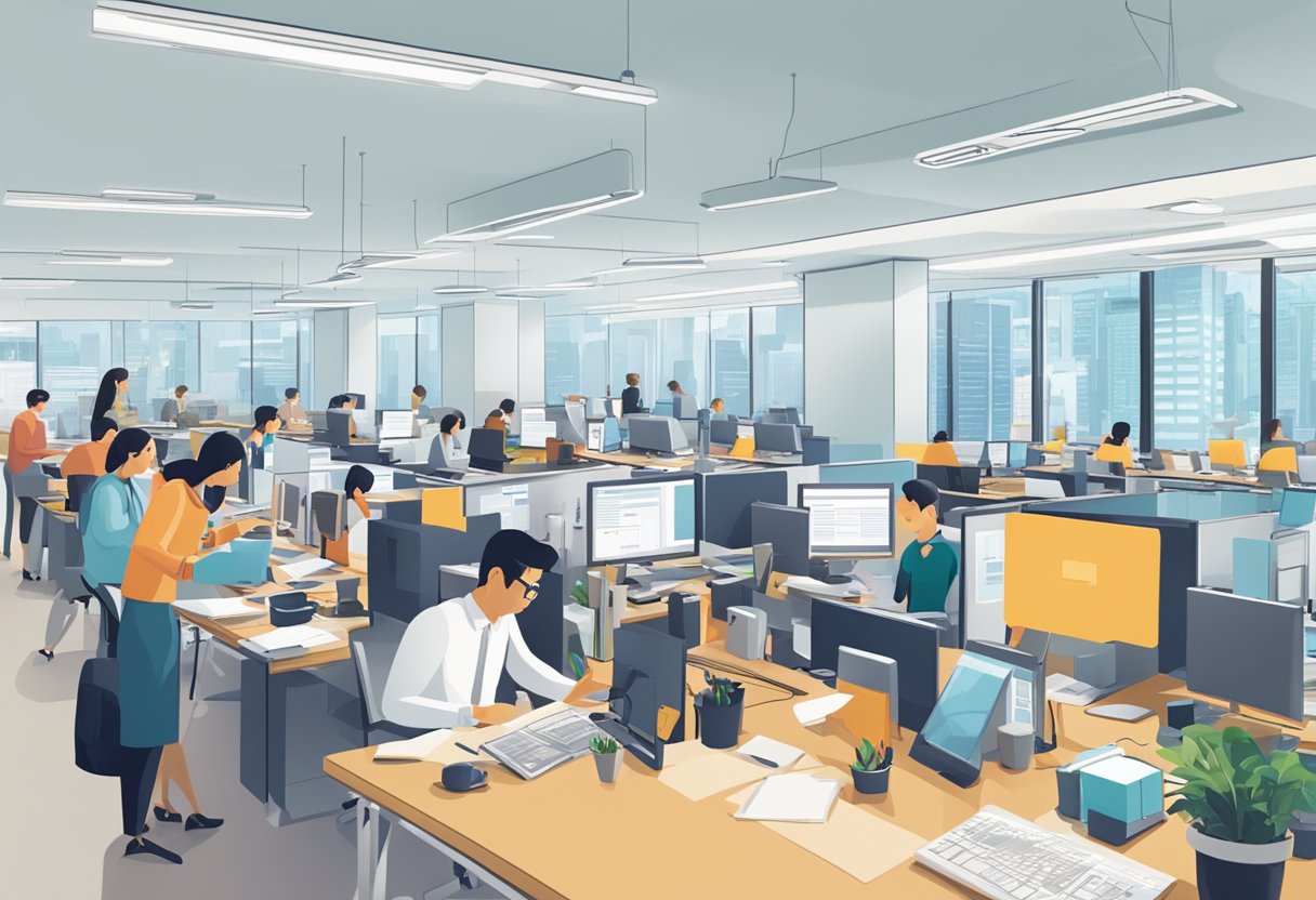 A bustling office with people at desks, signage reading "Frequently Asked Questions infotech singapore," and computers in the background