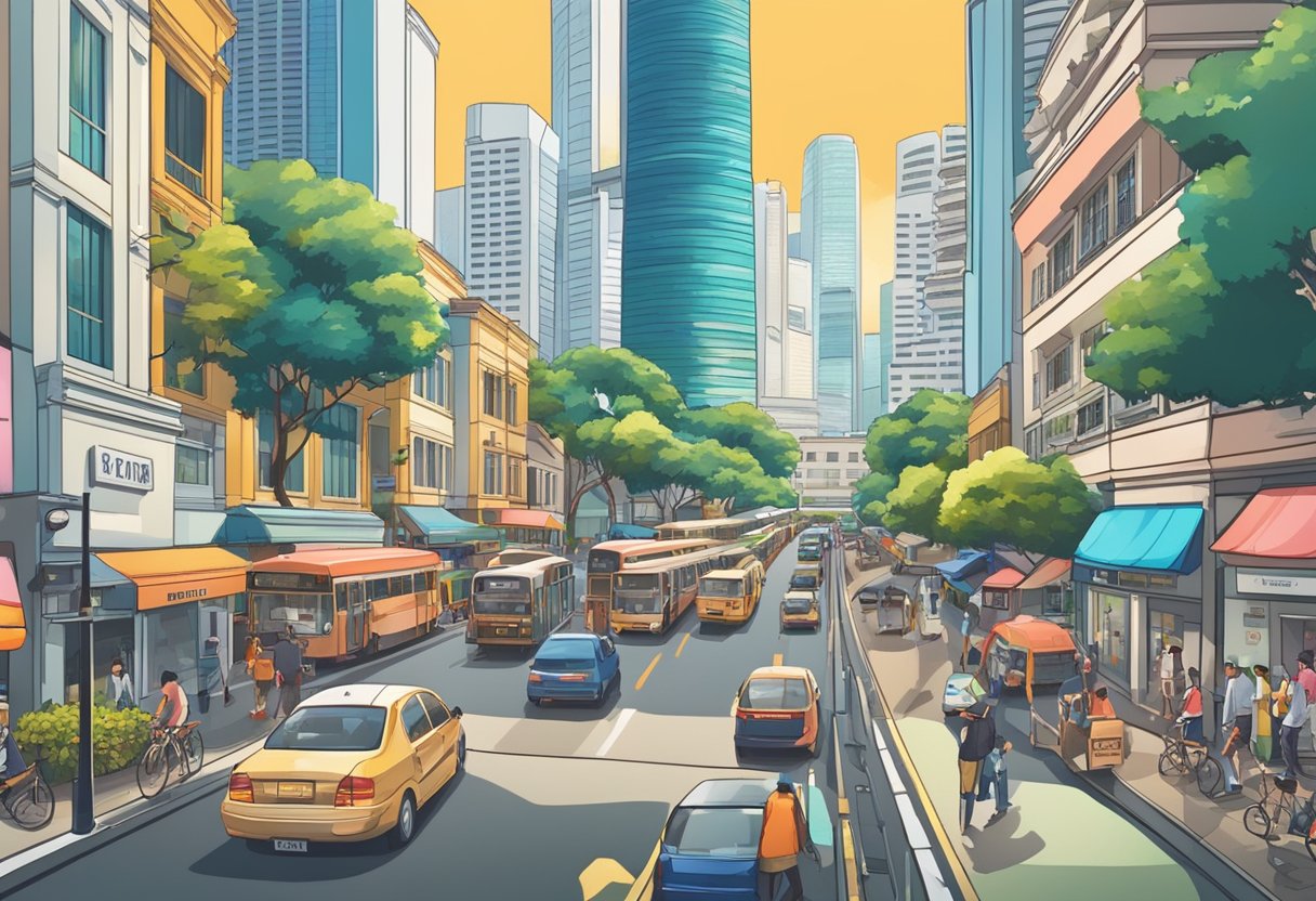 A bustling cityscape of Singapore with iconic landmarks and vibrant street life
