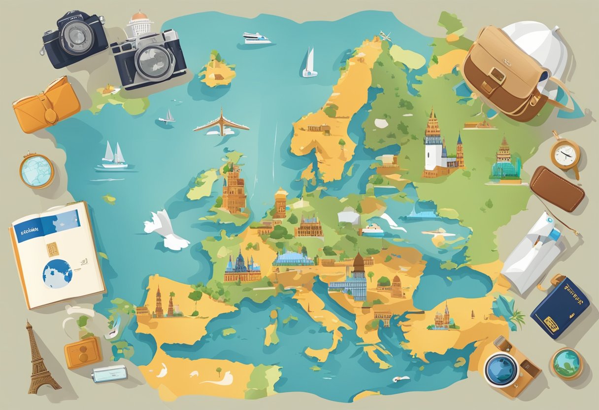 A map of Europe with iconic landmarks, surrounded by travel essentials like a passport, camera, and guidebook