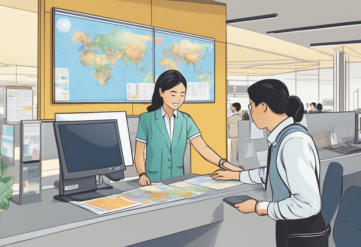 A traveler receiving assistance at a service desk in Singapore, with a map of the city and various brochures on display