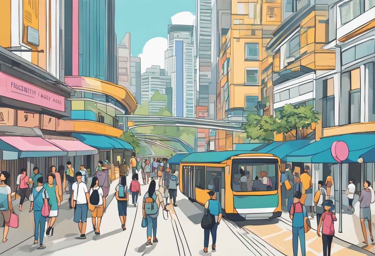 A bustling city street with a prominent sign reading "Frequently Asked Questions EU Tour Singapore" in bold letters. Pedestrians and tourists can be seen walking and exploring the area