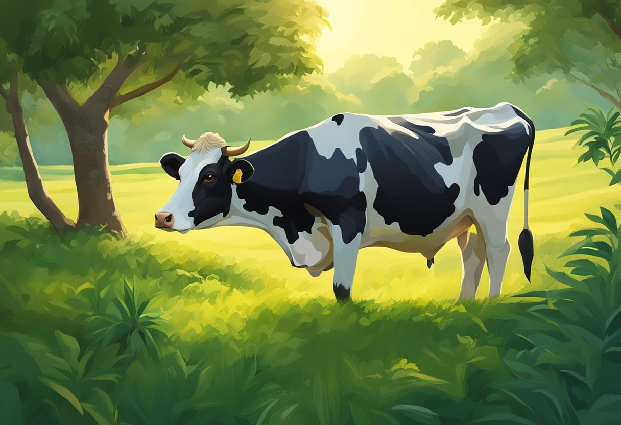 A large, contented cow grazes in a lush green pasture in Singapore. The sun shines down, casting a warm glow over the peaceful scene