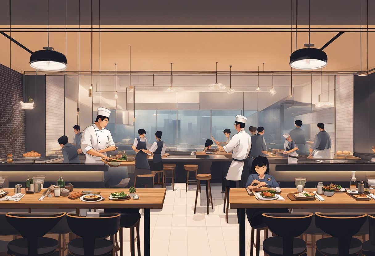 A sizzling hot grill cooks premium cuts of wagyu beef as chefs expertly prepare sushi and sashimi, surrounded by a sleek, modern dining space at Fat Cow Singapore