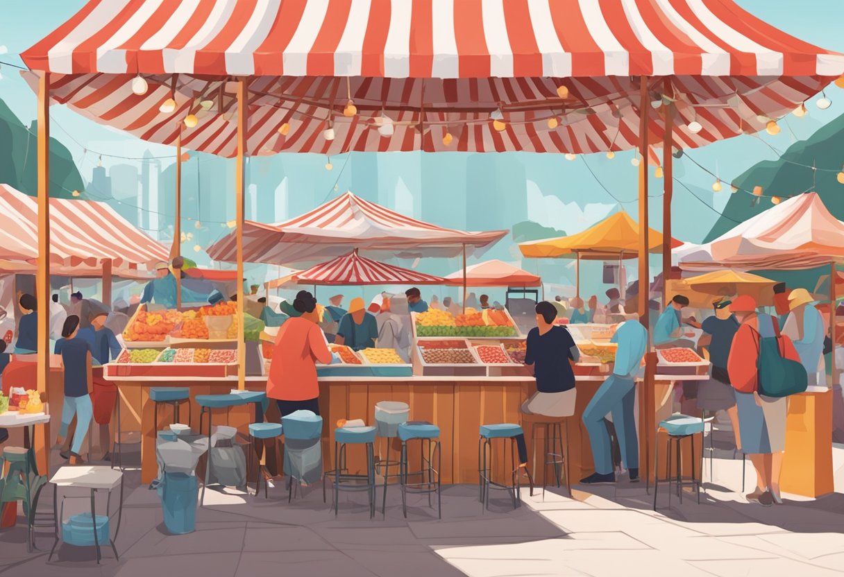 A bustling outdoor market with colorful stalls and people enjoying food and drinks under the iconic red and white striped canopy of the Fat Cow food stall