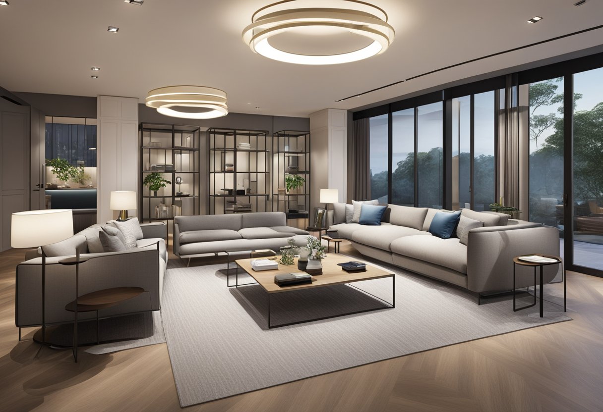 A spacious showroom with modern furniture displays and ambient lighting at King Living Singapore