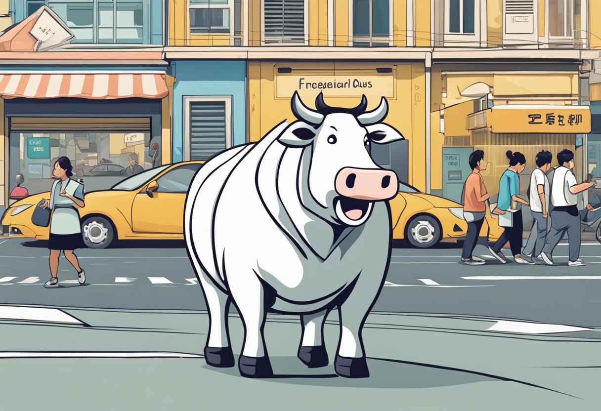 A fat cow with a puzzled expression surrounded by question marks and a sign reading "Frequently Asked Questions" in a busy Singapore street