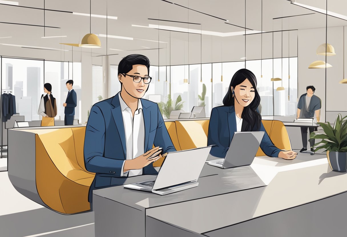 A customer service representative at King Living Singapore answering questions from clients in a modern and stylish showroom setting