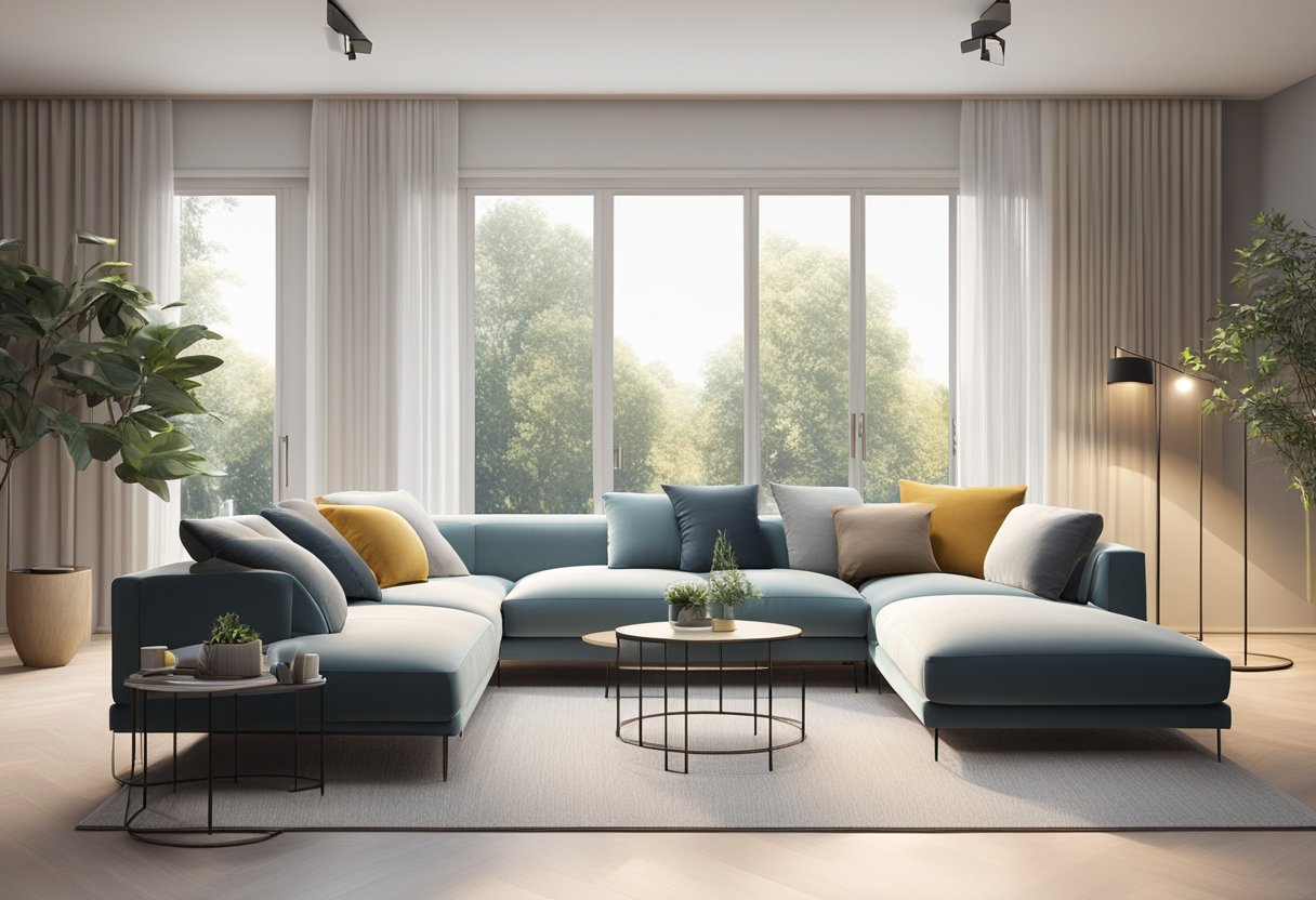An L-shaped sofa sits in a modern living room, with sleek lines and plush cushions, surrounded by minimalist decor and soft lighting