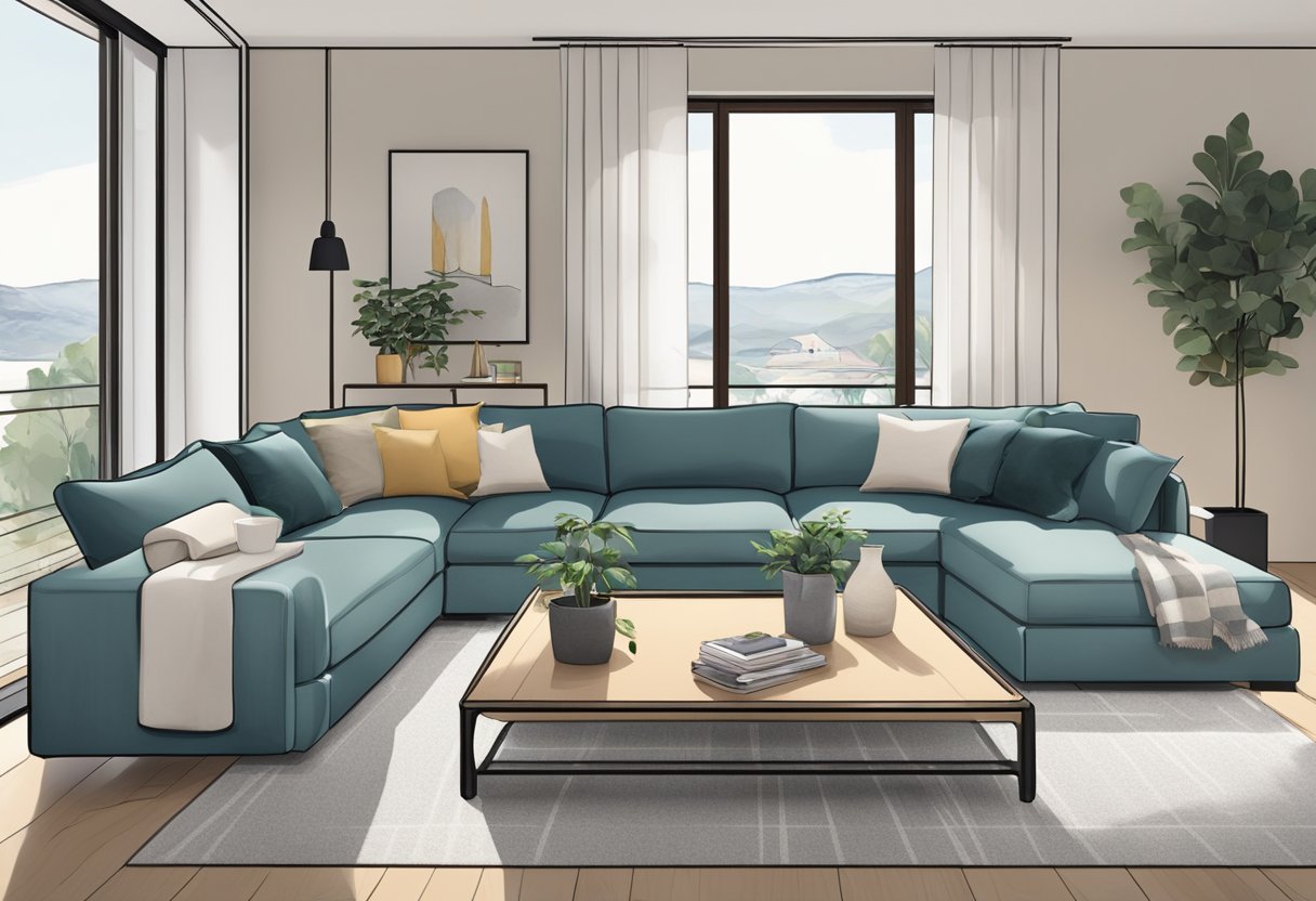 A cozy living room with a modern L-shaped sofa, positioned to maximize space and comfort. Soft cushions and sleek design create a welcoming atmosphere