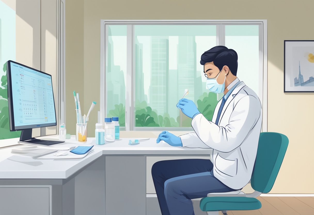 A person swabs their nostrils with a PCR test kit in a clean, well-lit room in Singapore