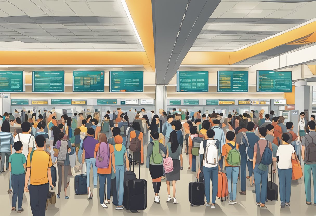 A crowded airport with people lining up at immigration counters. Signs and posters displaying "Singapore PR Requirements" in multiple languages