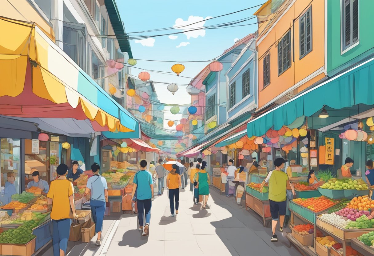 Vibrant street in Genki, Singapore with colorful buildings and bustling markets