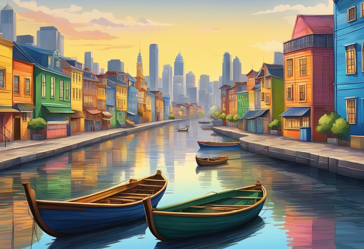 A tranquil river scene with traditional fishing boats and city skyline in the background. Brightly colored buildings line the riverbank
