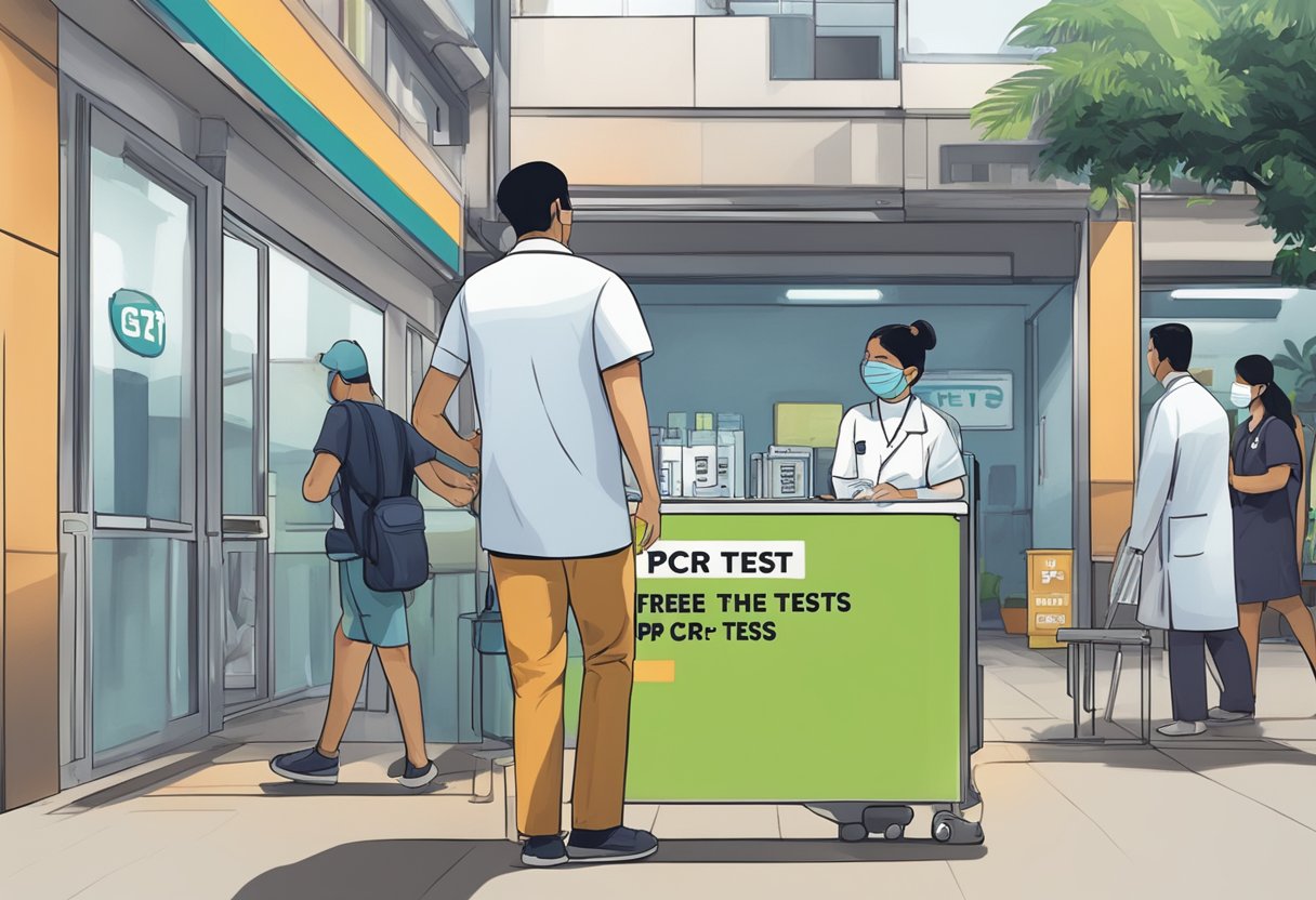 A person walks into a designated testing site in Singapore. A sign advertises "Free PCR Tests" in bold letters. A healthcare worker administers a test to a patient