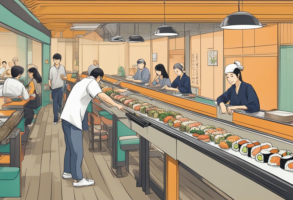 Customers enjoying sushi conveyor belt at Genki Sushi in Singapore