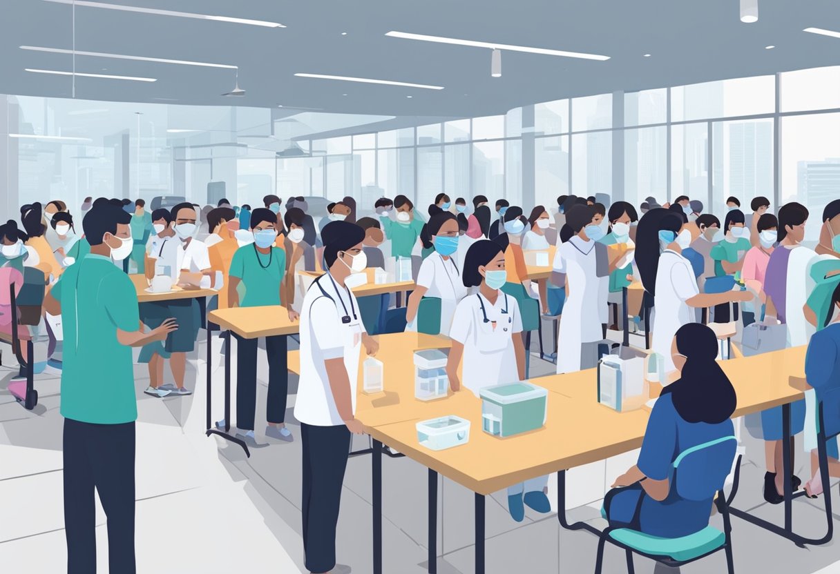 A bustling vaccination center in Singapore, with people lining up for their Sinovac shots. Nurses administer vaccines efficiently