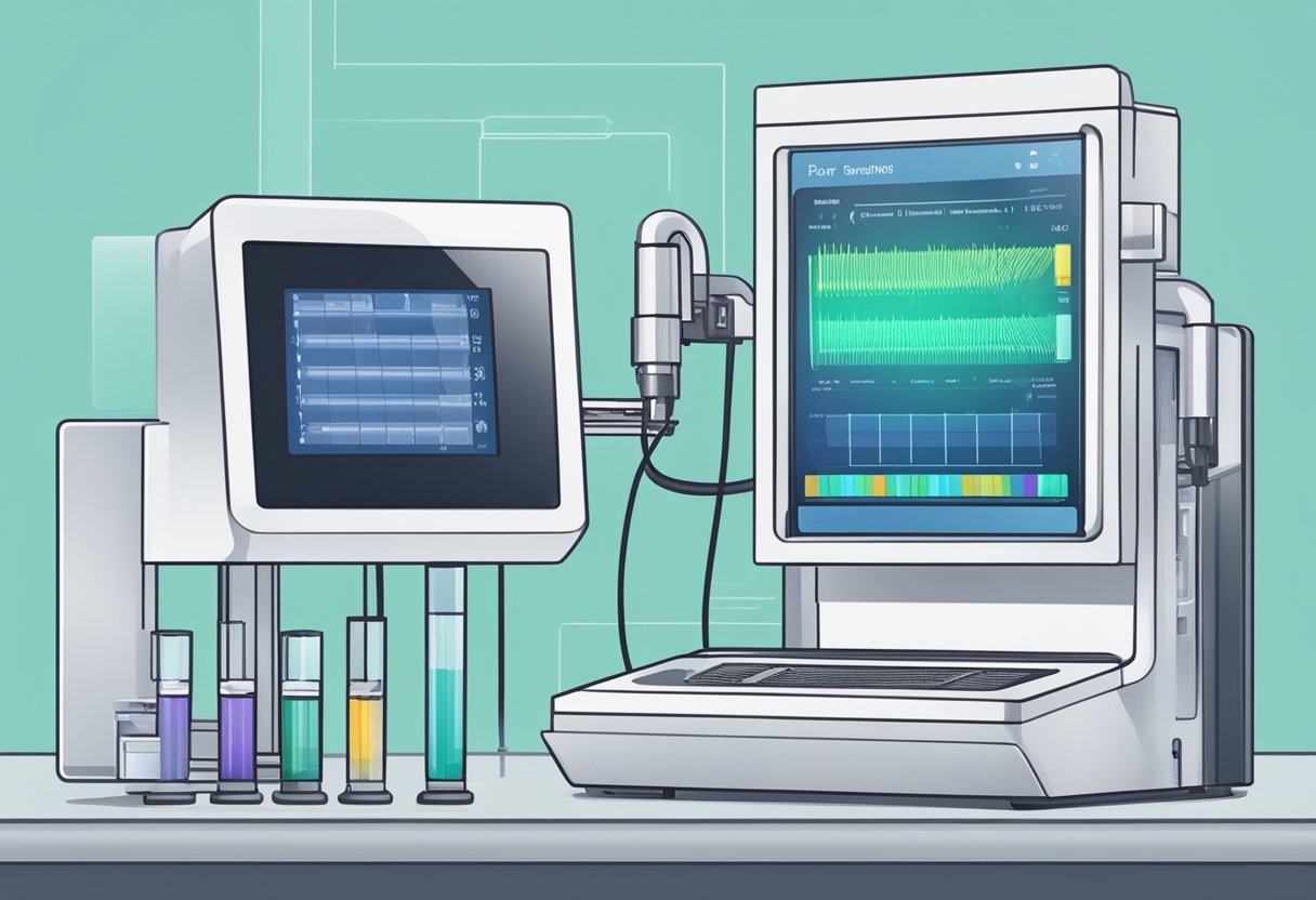 A PCR testing machine processes a sample, displaying a positive result on the screen