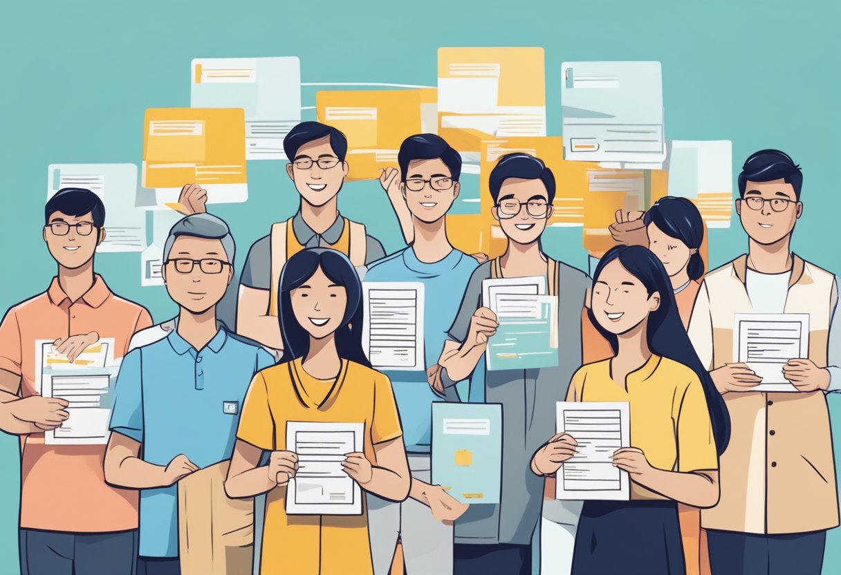 A group of people holding Singapore PR cards, surrounded by signs displaying rights and obligations