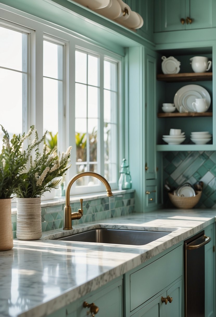 A coastal kitchen with seafoam green cabinets, white marble countertops, and ocean-inspired decor. Sunlight streams in through large windows, casting a warm glow over the space