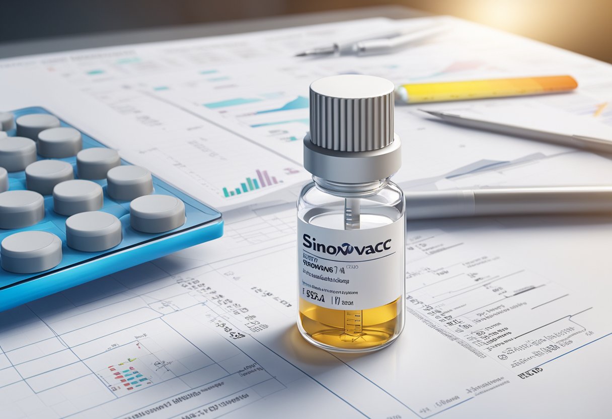 A vial of Sinovac vaccine sits on a laboratory table, surrounded by scientific equipment and data charts, representing its role and efficacy in Singapore