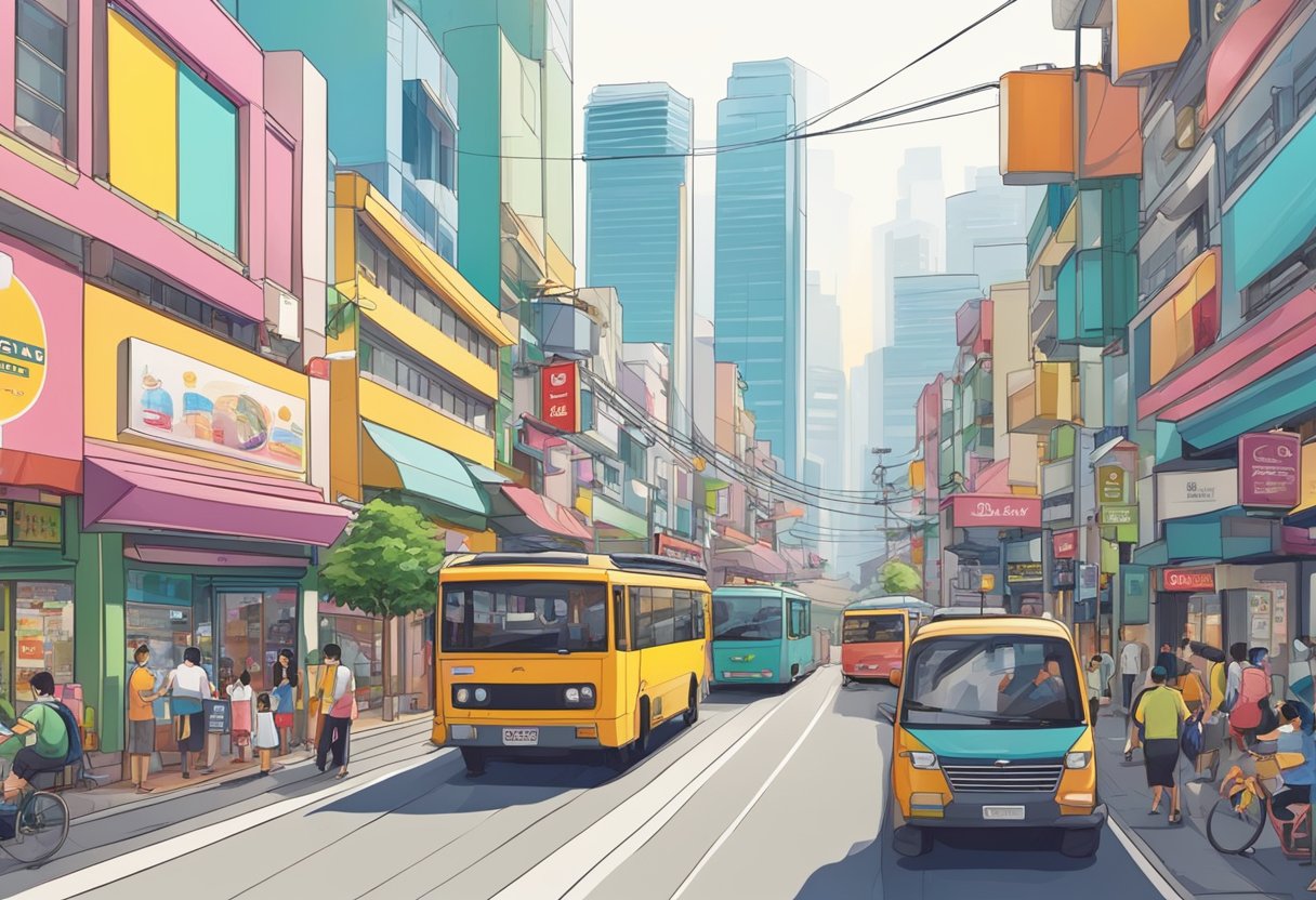 The bustling streets of Singapore's Genki district, with colorful signs and busy shops lining the road