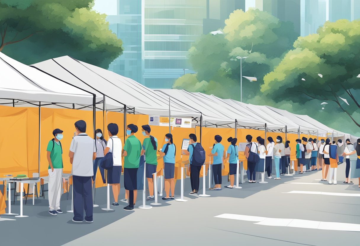 People lining up for free PCR tests in Singapore. Tents set up with signage, staff assisting