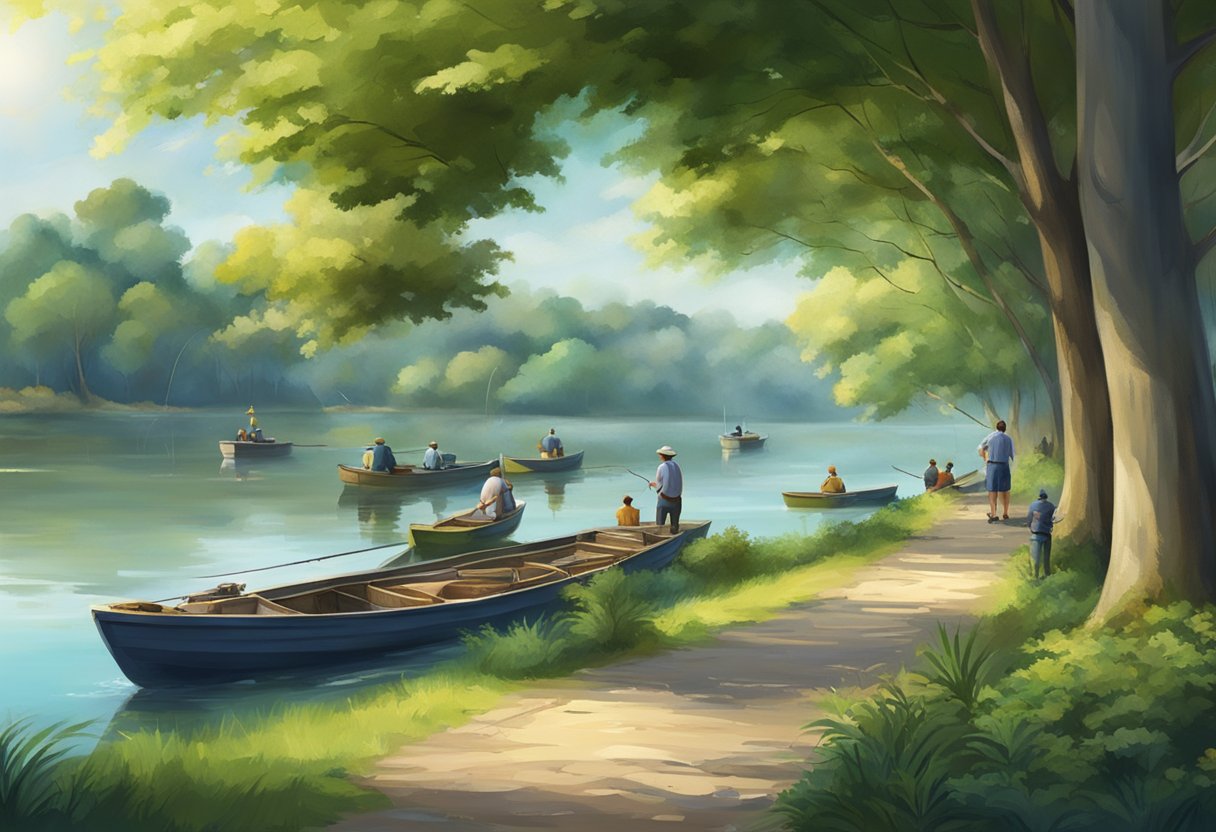 A serene riverbank with lush greenery, a tranquil lake with fishing boats, and a bustling pier with fishermen casting their lines into the water