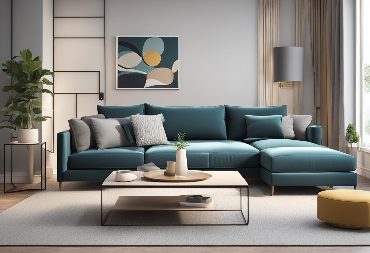 A sleek L-shaped sofa in a modern living room, accented with stylish throw pillows and a functional coffee table