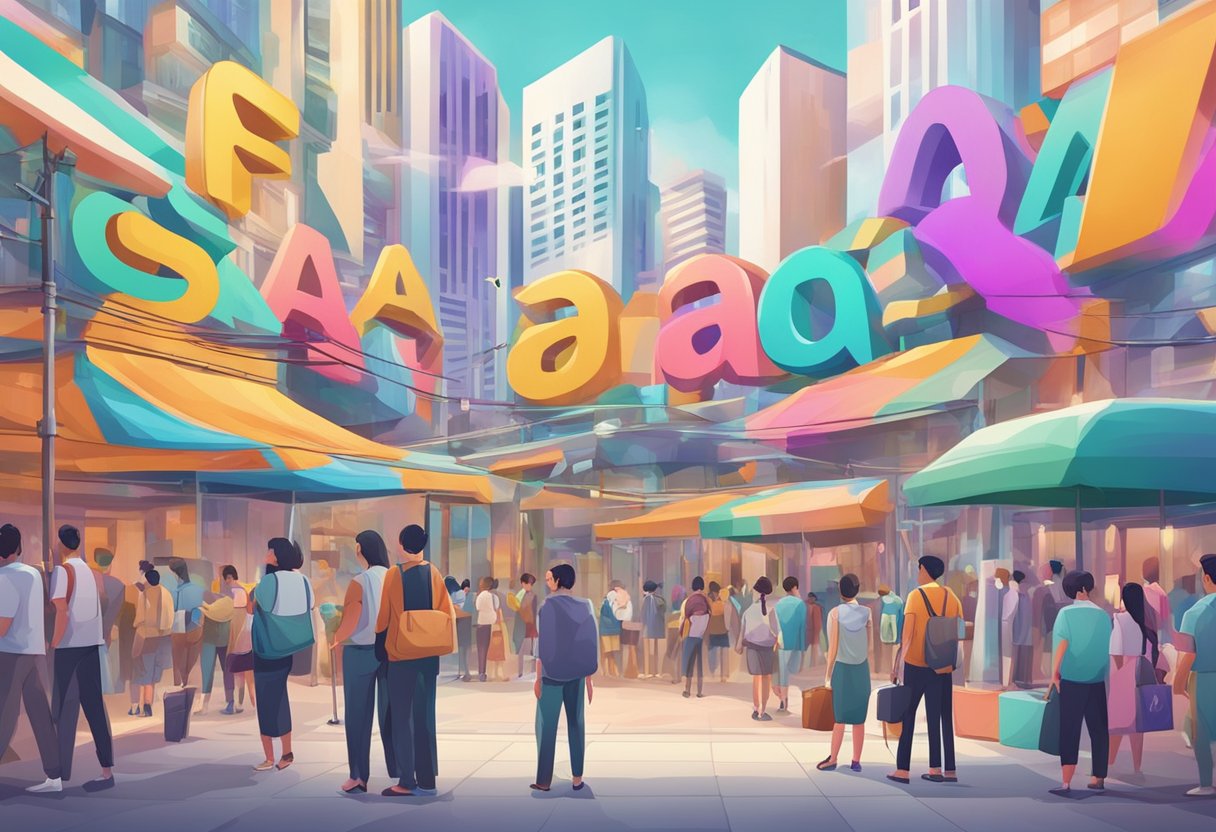 A colorful FAQ sign in Singapore with Sinovac logo, surrounded by curious onlookers