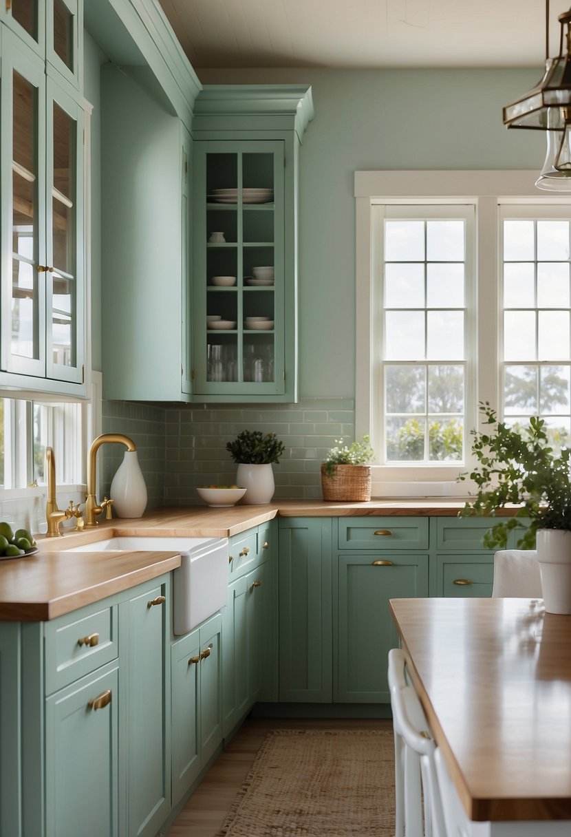 Seafoam green cabinetry in a coastal kitchen, with white countertops and natural light streaming in through the windows