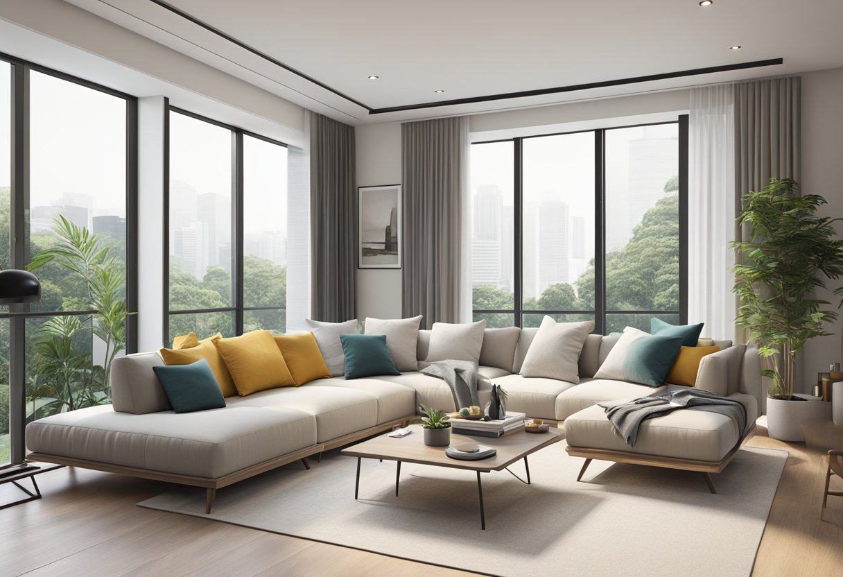 A modern living room with a sleek L-shaped sofa in Singapore, surrounded by minimalist decor and natural light