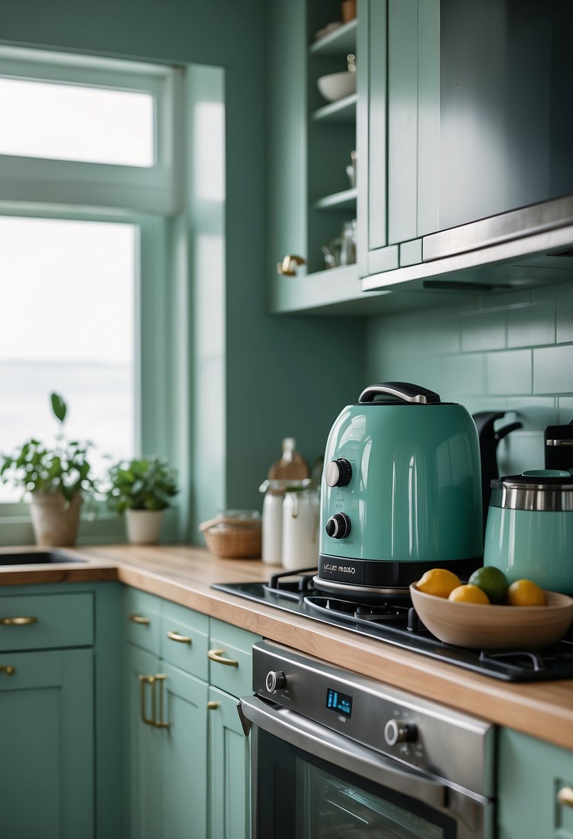 Seafoam green appliances and kitchenware in a coastal kitchen