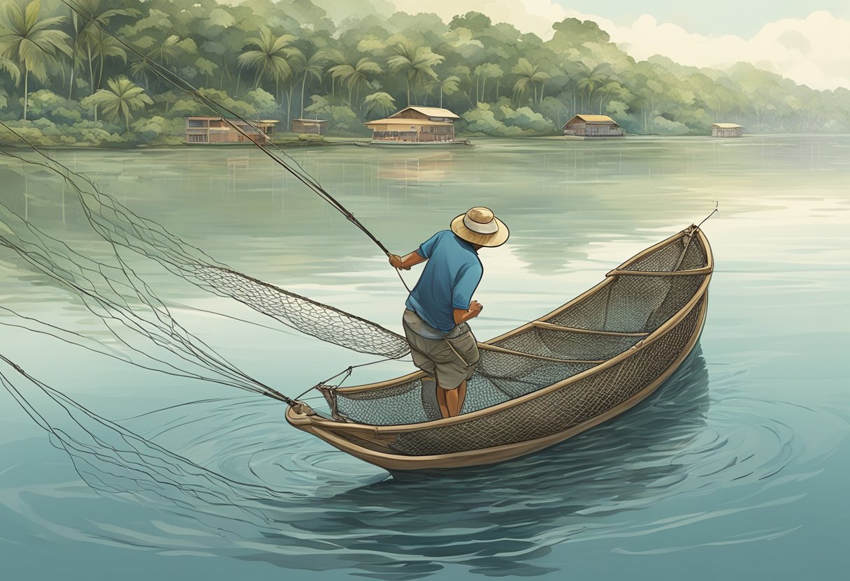A fisherman casts a net into the calm waters of a Singaporean river, targeting schools of mullet and snapper