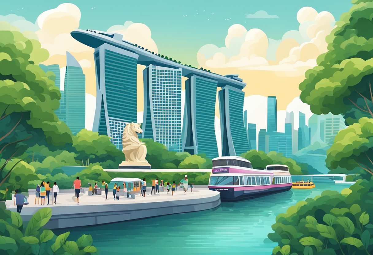 A bustling cityscape with iconic landmarks like the Marina Bay Sands and the Merlion statue, surrounded by lush greenery and modern skyscrapers