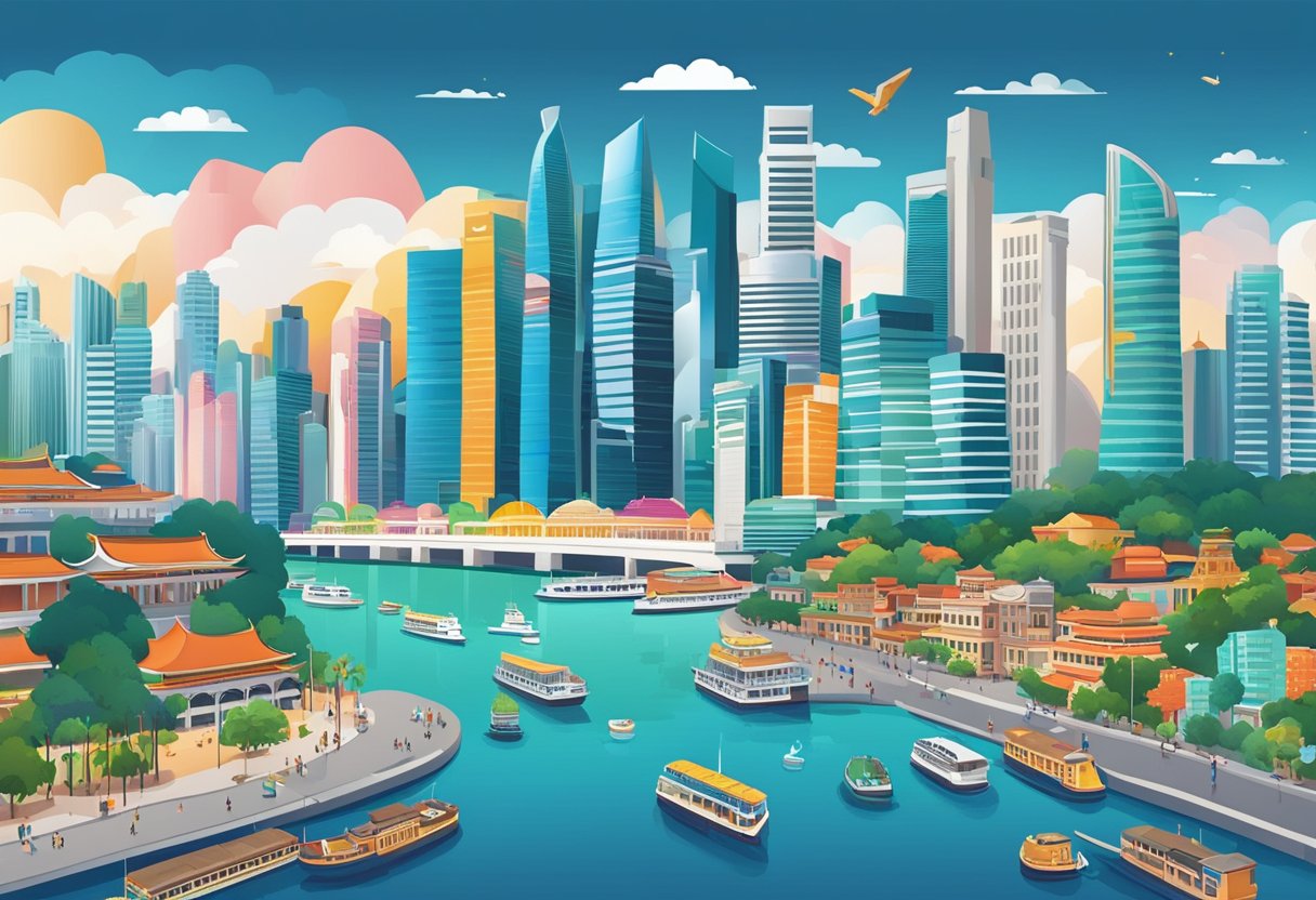 A bustling cityscape with iconic landmarks and diverse cultures, showcasing the vibrant translation industry in Singapore