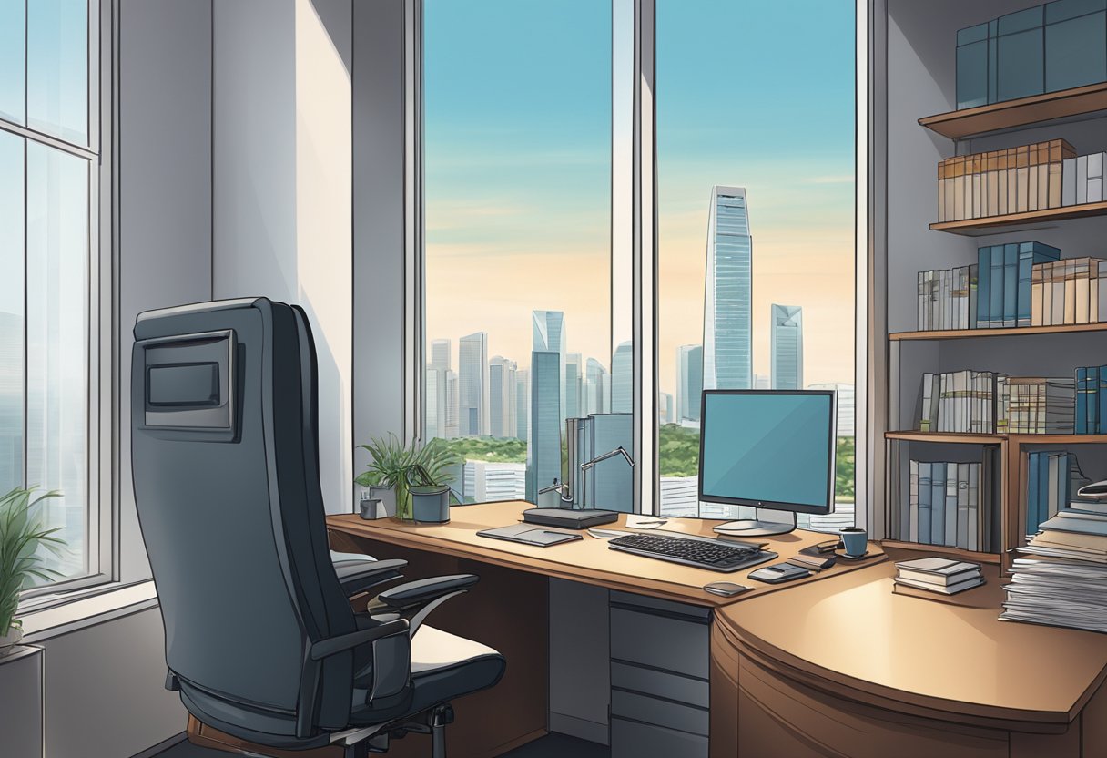 A lawyer in a modern office in Singapore, with a view of the city skyline through a large window. A computer, desk, and law books are neatly arranged