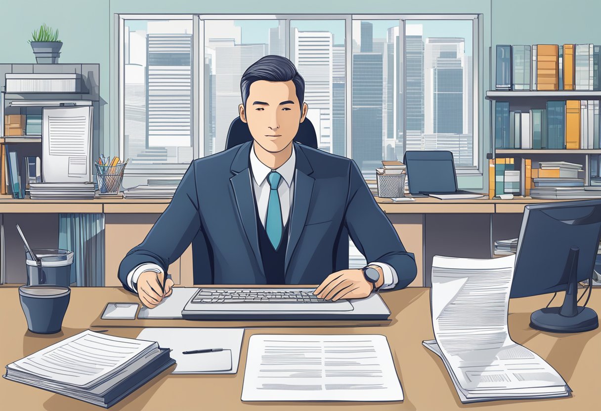 A lawyer sits at a desk, surrounded by legal documents and a computer. A salary report for Singapore lawyers is open on the screen