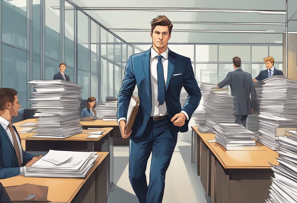 A lawyer in a sharp suit confidently strides through a modern office, passing by busy colleagues and stacks of legal documents