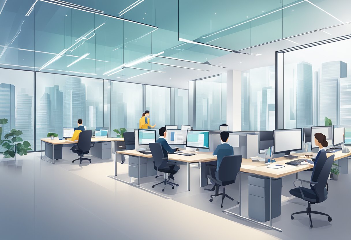 A modern office with advanced translation technology and experts collaborating in Singapore