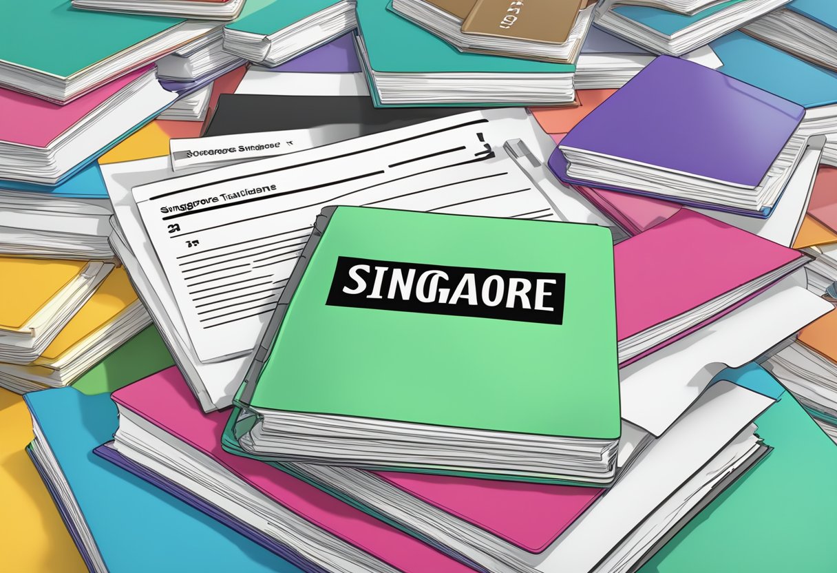 A stack of colorful FAQ documents with "Singapore Translation" title on a desk