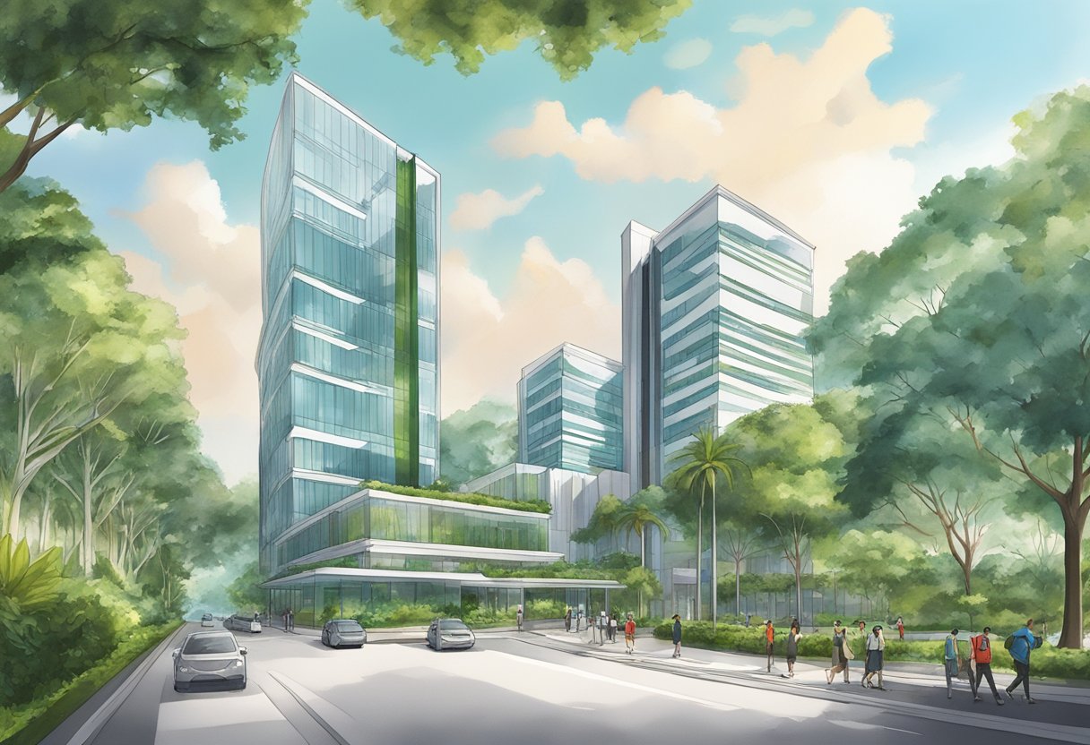 The Goethe Institut in Singapore stands tall with its modern architecture, surrounded by lush greenery and a bustling cityscape in the background