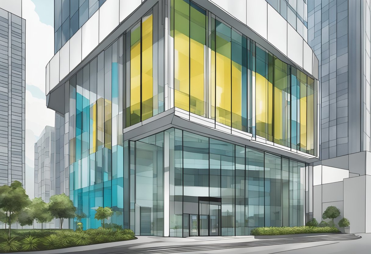 The Goethe-Institut Singapore building stands tall and modern, with sleek glass windows reflecting the surrounding cityscape. The entrance is adorned with the institute's logo, welcoming visitors from all over