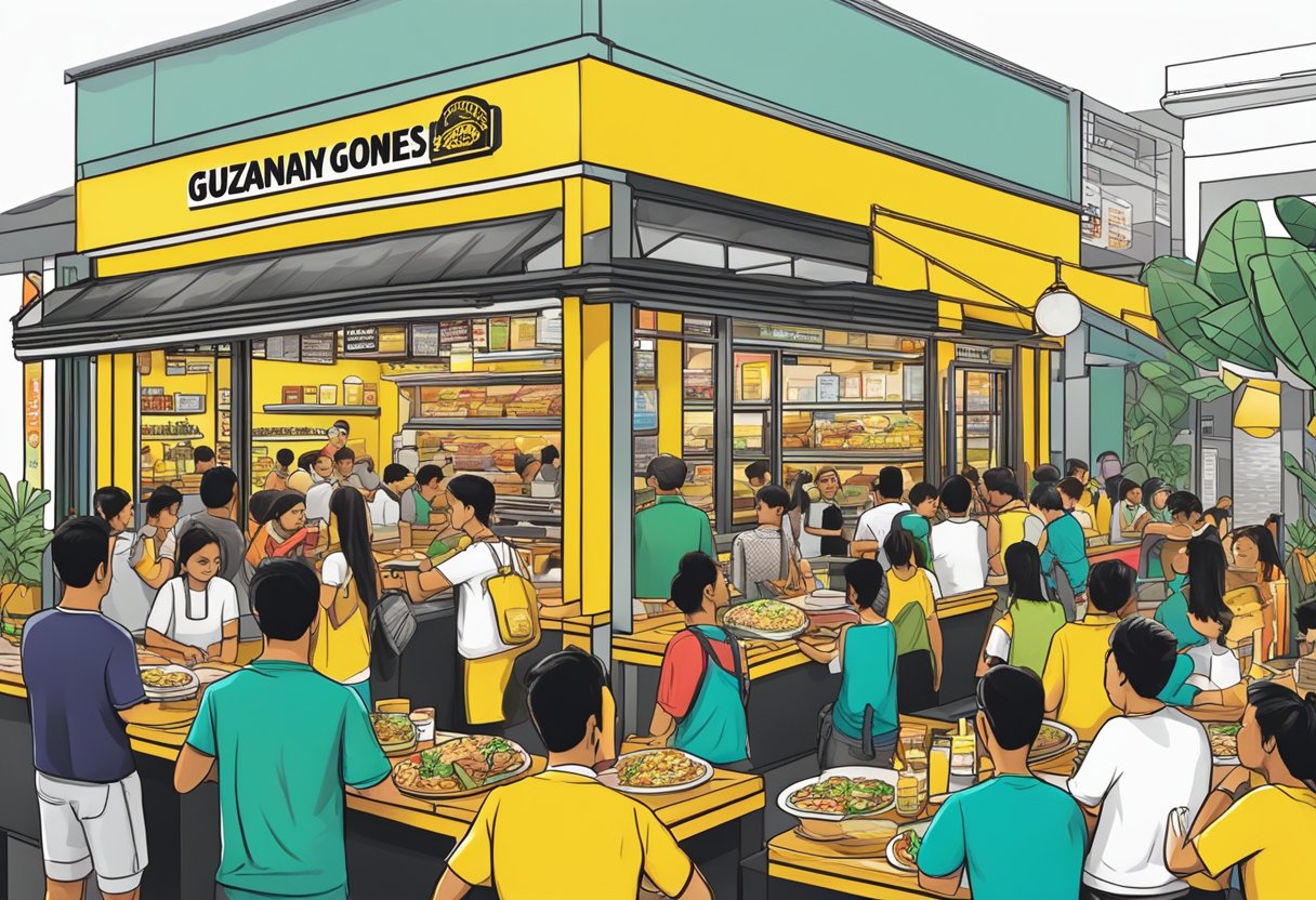 A colorful and vibrant Guzman y Gomez storefront in Singapore, with a bustling crowd and delicious Mexican food being served
