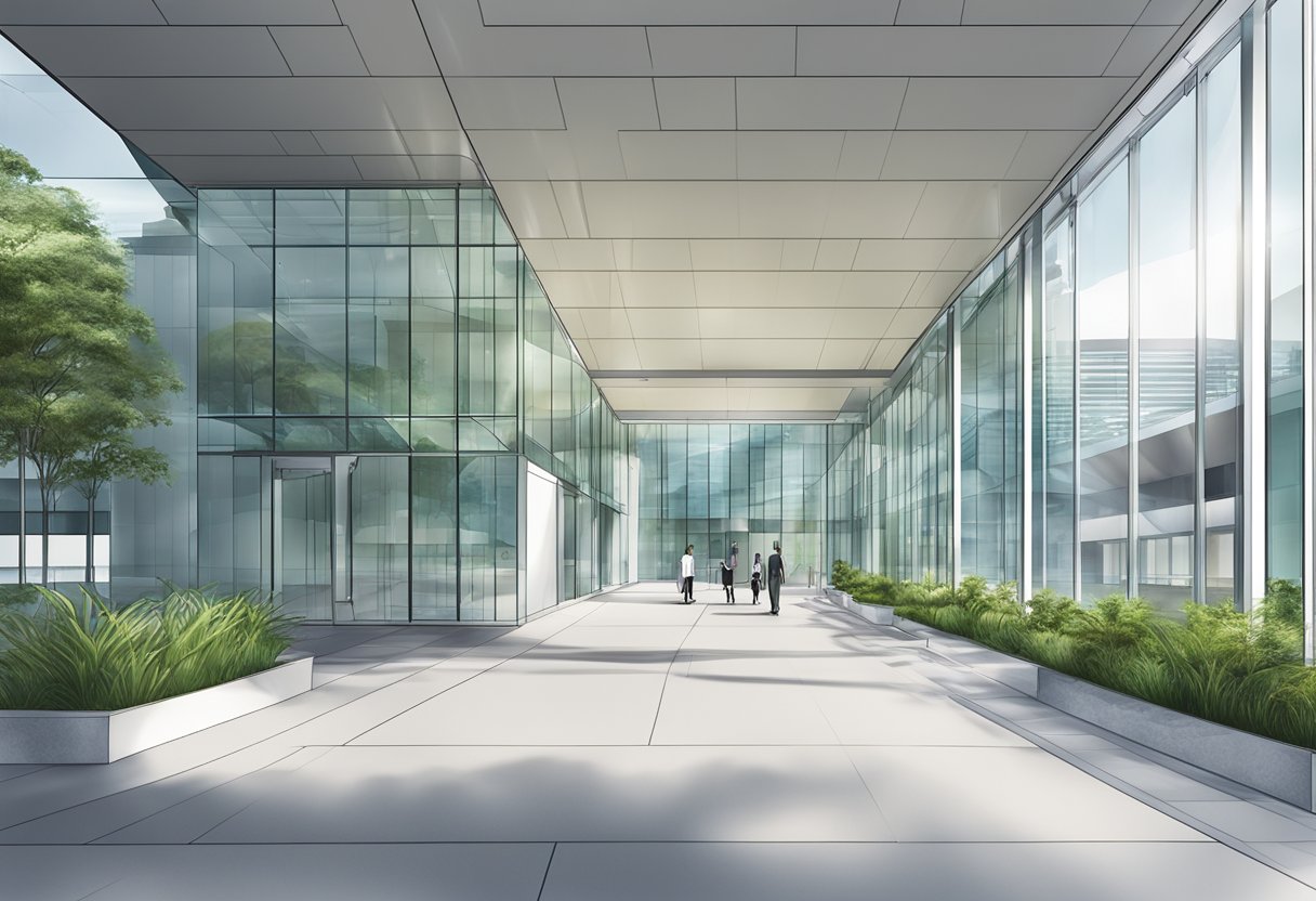 The Goethe Institut in Singapore features a modern glass building with a sleek entrance and signage for visitor information