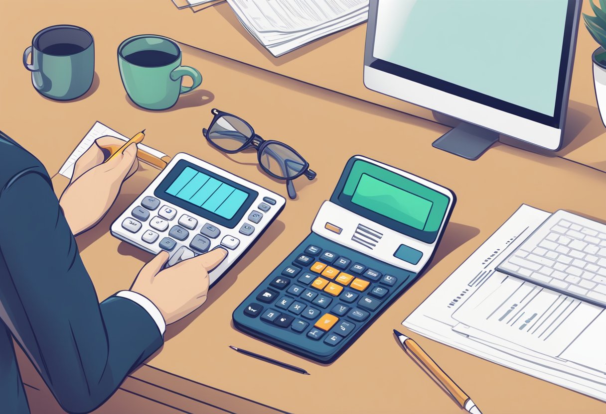 A person using a loan calculator on a smartphone, with a laptop and financial documents on a desk