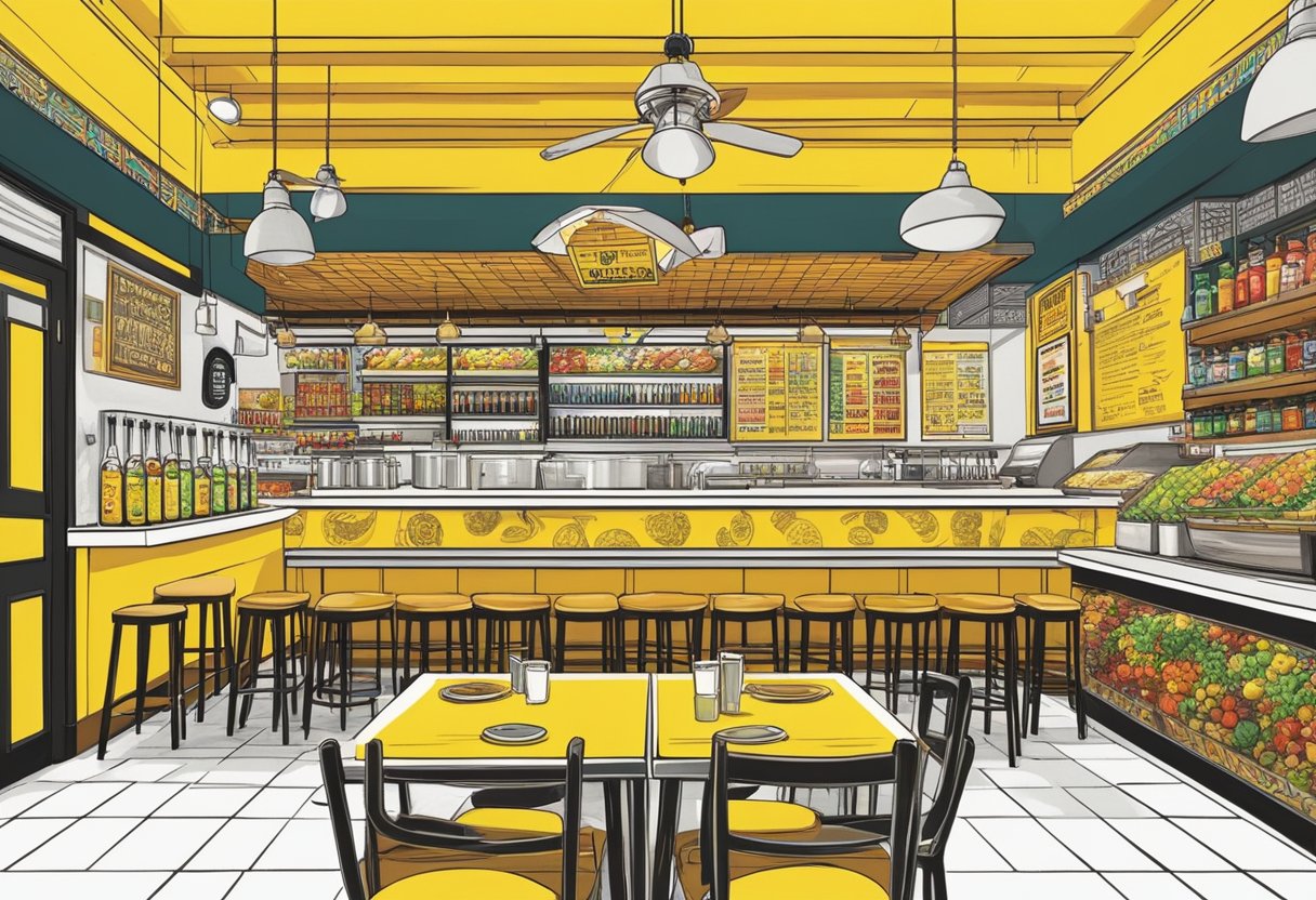 The vibrant and lively atmosphere of Guzman y Gomez in Singapore is depicted with colorful decor, energetic music, and the delicious aroma of Mexican cuisine filling the air