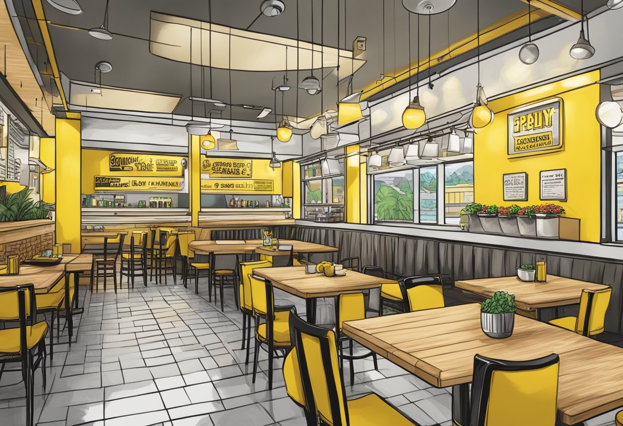 A vibrant restaurant interior with a prominent "Frequently Asked Questions" sign at the Guzman y Gomez location in Singapore